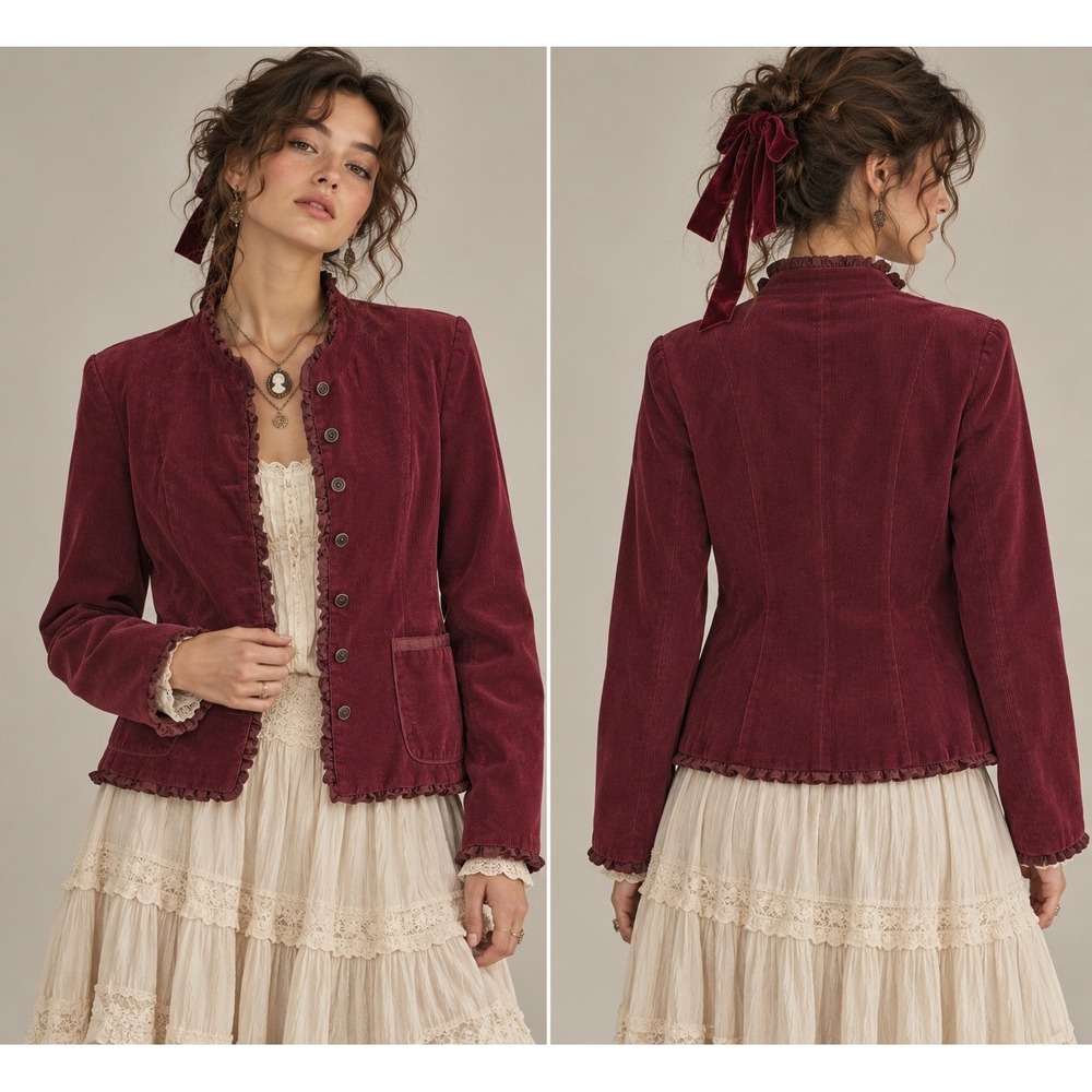 Burgundy Corduroy Jacket Women L Ruffle Trim Button Front Victorian Regency Goth